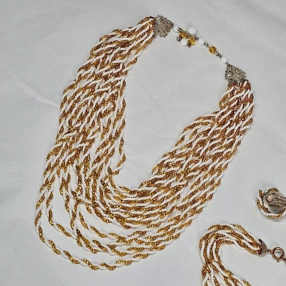 Vintage Multi-Strand Gold & White Beaded Necklace Bracelet & Clip-On Earring Set - Picture 2 of 8